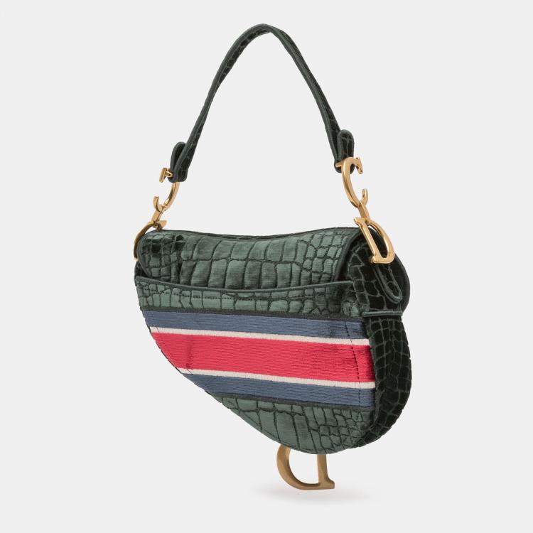 Pre Owned Dior Green Velvet Embroidered Crocodile Effect Saddle Bag