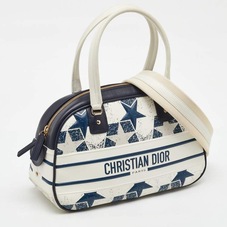 Pre Owned Dior Navy Blue/White Leather Medium Star Vibe Zip Bowling Bag
