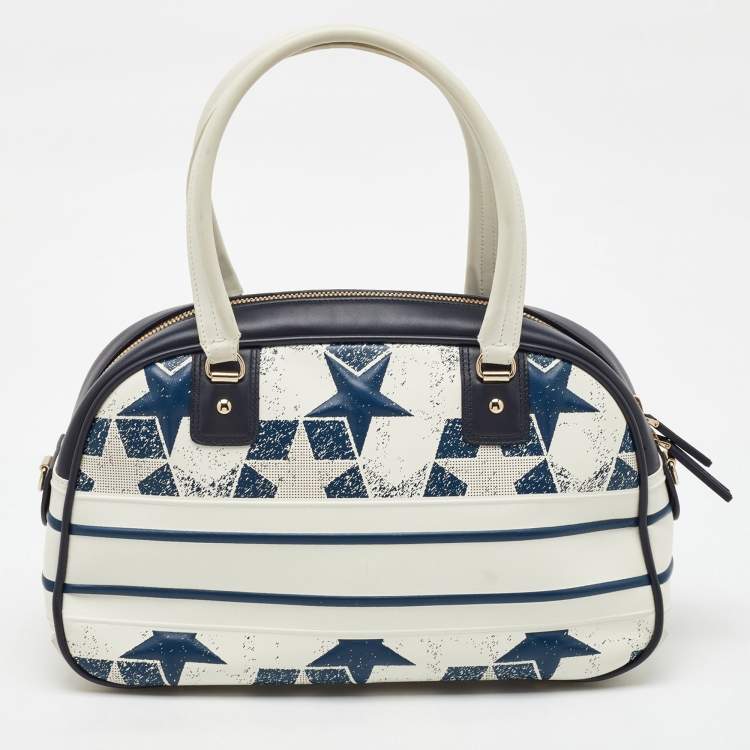 Pre Owned Dior Navy Blue/White Leather Medium Star Vibe Zip Bowling Bag