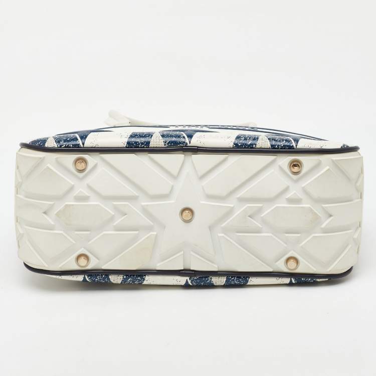 Pre Owned Dior Navy Blue/White Leather Medium Star Vibe Zip Bowling Bag
