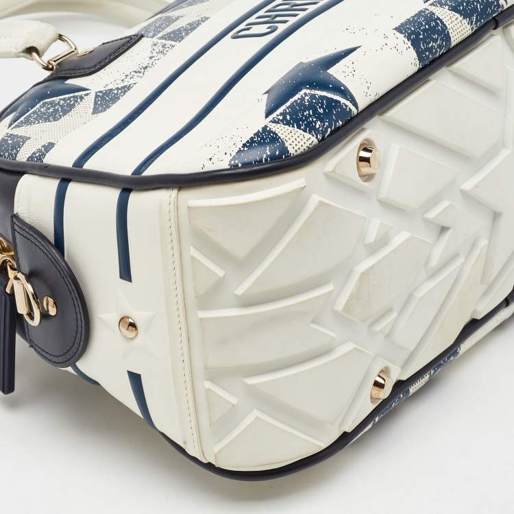 Pre Owned Dior Navy Blue/White Leather Medium Star Vibe Zip Bowling Bag