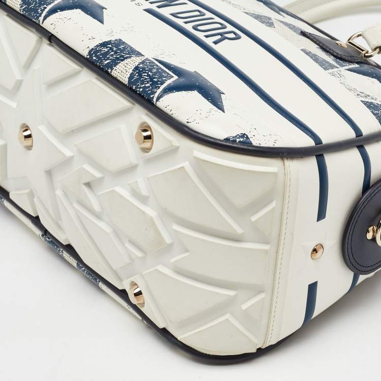Pre Owned Dior Navy Blue/White Leather Medium Star Vibe Zip Bowling Bag