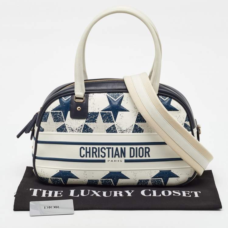 Pre Owned Dior Navy Blue/White Leather Medium Star Vibe Zip Bowling Bag