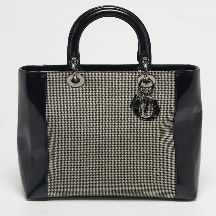 Pre Owned Dior Black Houndstooth Canvas and Leather Large Lady Dior Tote