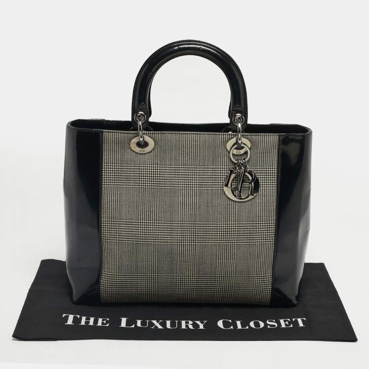 Pre Owned Dior Black Houndstooth Canvas and Leather Large Lady Dior Tote
