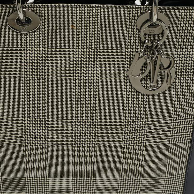 Pre Owned Dior Black Houndstooth Canvas and Leather Large Lady Dior Tote