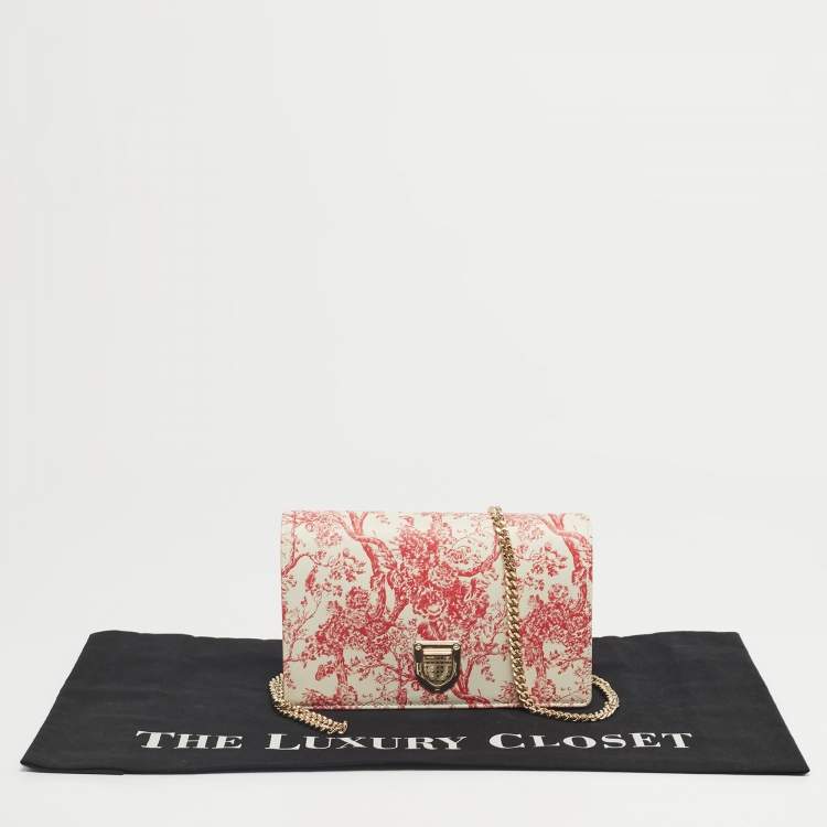 Pre Owned Dior Red/White Leather Toile de Jouy Diorama Wallet on Chain
