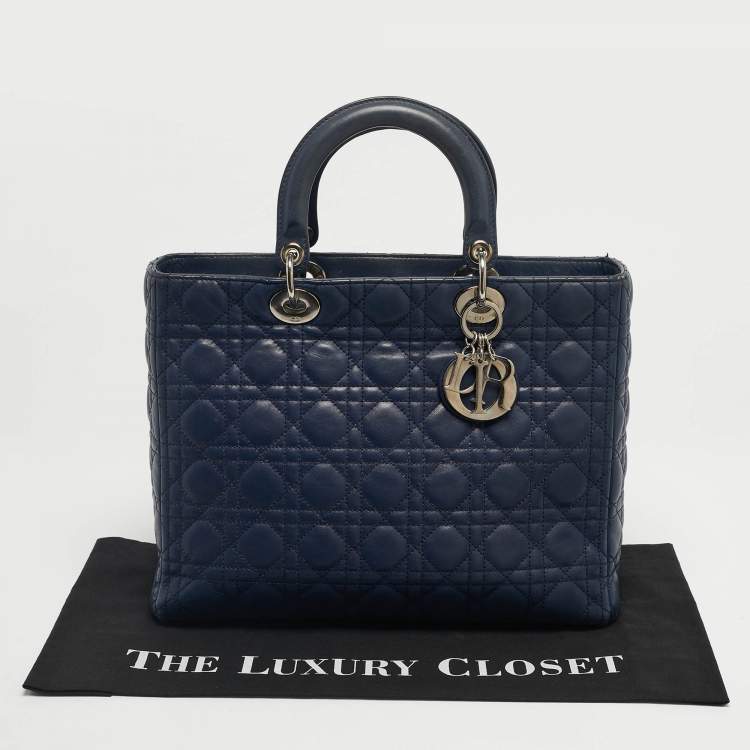 Pre Owned Dior Navy Blue Cannage Leather Large Lady Dior Tote