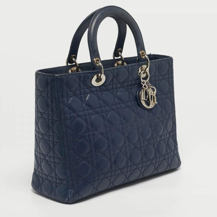 Pre Owned Dior Navy Blue Cannage Leather Large Lady Dior Tote