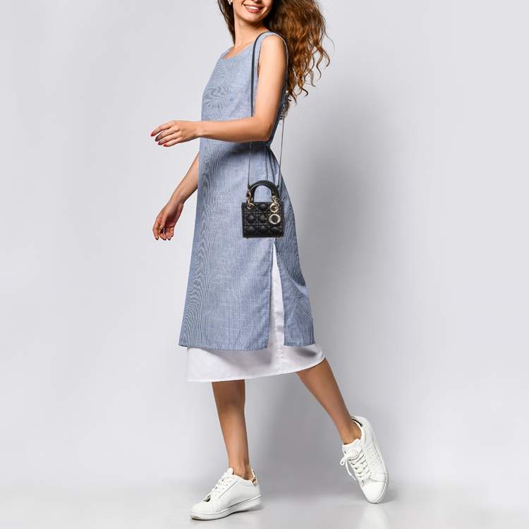 Pre Owned Dior Black Cannage Leather Micro Lady Dior Tote