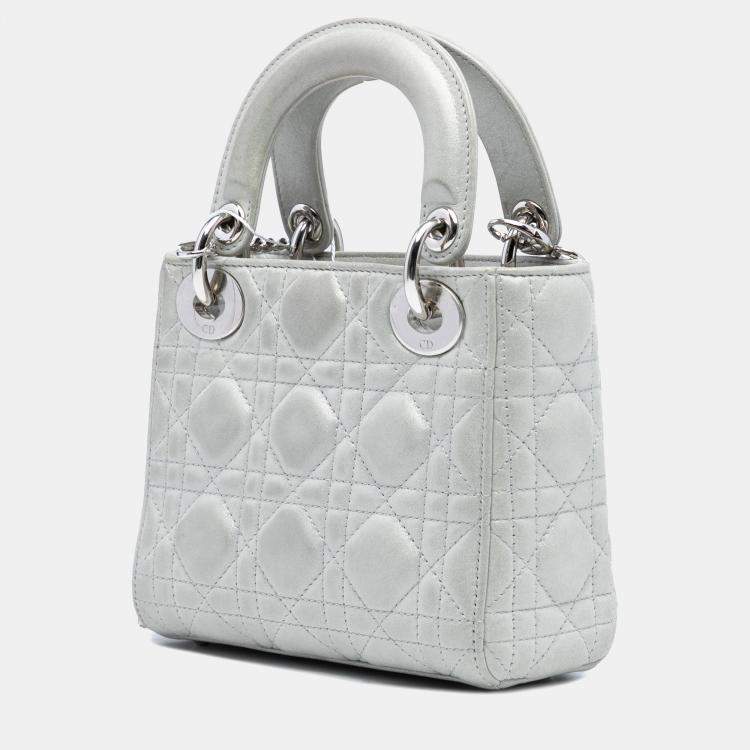 مملوكة مسبقًا Dior Silver Mini Iridescent Lambskin Cannage Lady Dior