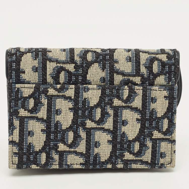 Pre Owned Dior Navy Blue Oblique Canvas and Leather Saddle Card Case