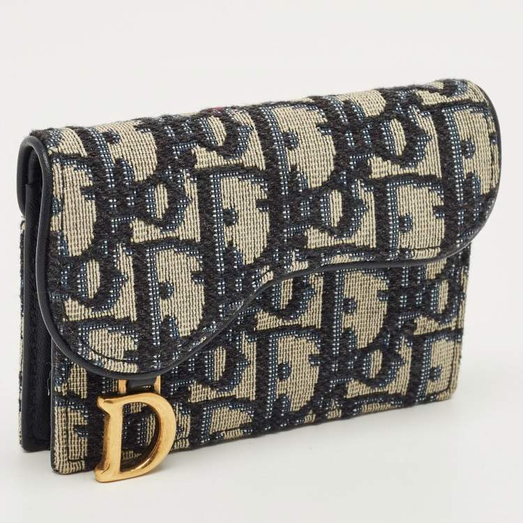 Pre Owned Dior Navy Blue Oblique Canvas and Leather Saddle Card Case
