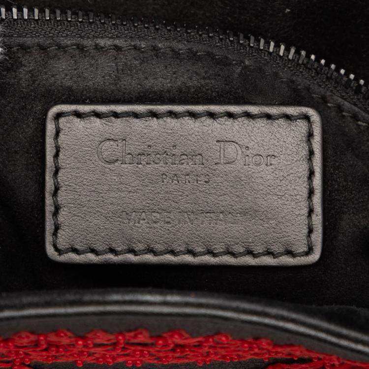 Pre Owned Dior Black/Red Medium Smooth Calfskin Embroidered Heart Playing Cards Lady Dior