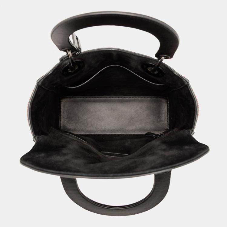 Pre Owned Dior Black/Red Medium Smooth Calfskin Embroidered Heart Playing Cards Lady Dior