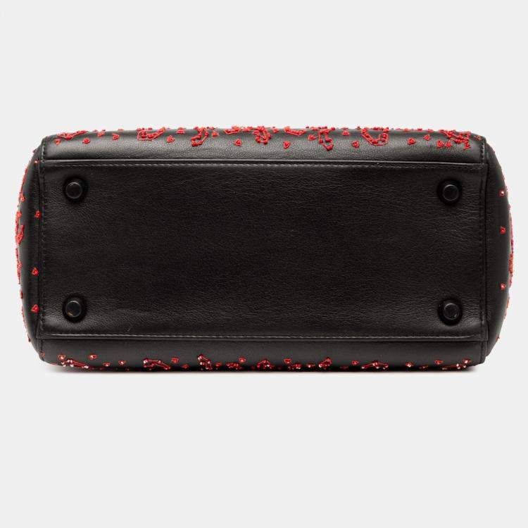 Pre Owned Dior Black/Red Medium Smooth Calfskin Embroidered Heart Playing Cards Lady Dior