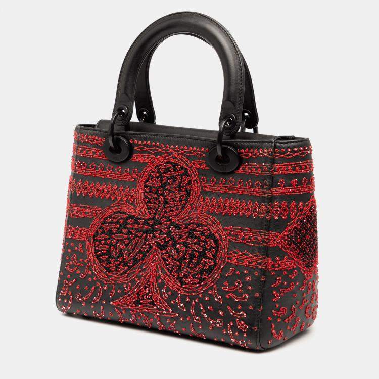 Pre Owned Dior Black/Red Medium Smooth Calfskin Embroidered Heart Playing Cards Lady Dior