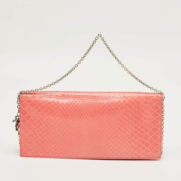 Pre Owned Dior Coral Orange Python Lady Dior Croisiere Chain Clutch