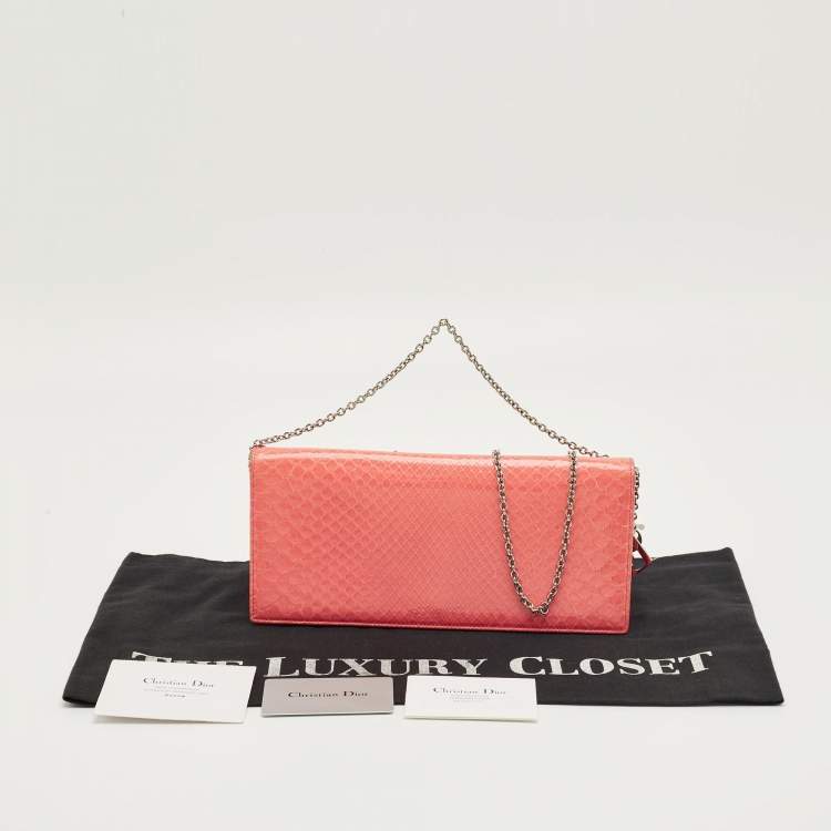 Pre Owned Dior Coral Orange Python Lady Dior Croisiere Chain Clutch