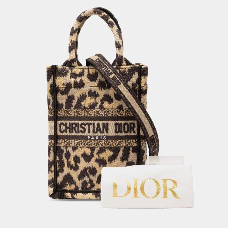 Pre Owned Dior Brown Mizza Mini Embroidered Canvas Leopard Vertical Book Tote