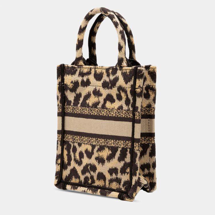Pre Owned Dior Brown Mizza Mini Embroidered Canvas Leopard Vertical Book Tote