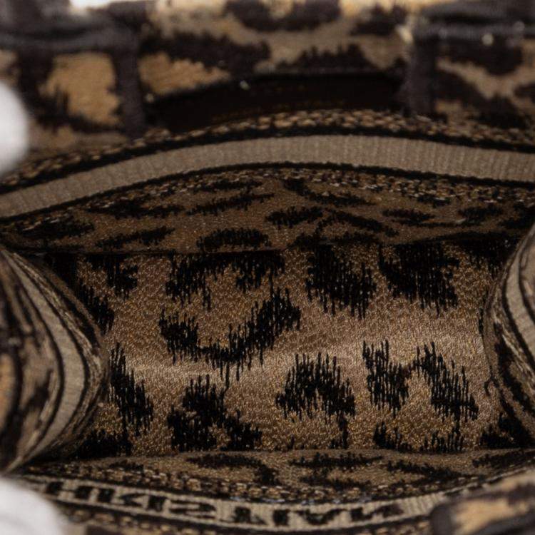 Pre Owned Dior Brown Mizza Mini Embroidered Canvas Leopard Vertical Book Tote