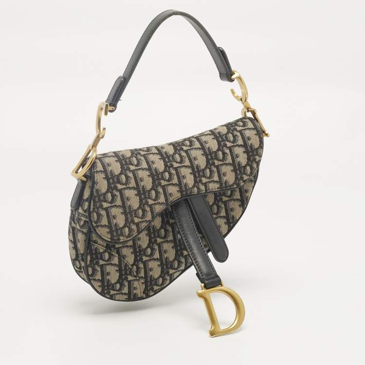 Pre Owned Dior Navy Blue Oblique Canvas and Leather Mini Saddle Bag