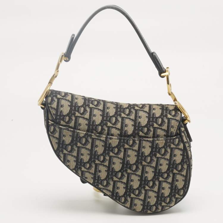 Pre Owned Dior Navy Blue Oblique Canvas and Leather Mini Saddle Bag