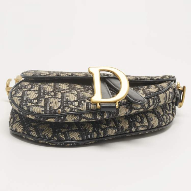 Pre Owned Dior Navy Blue Oblique Canvas and Leather Mini Saddle Bag