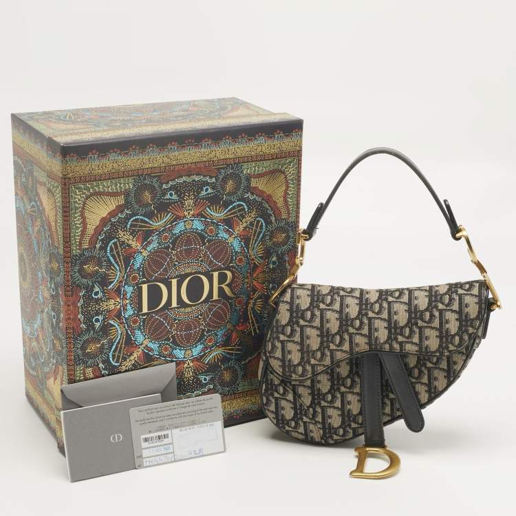 Pre Owned Dior Navy Blue Oblique Canvas and Leather Mini Saddle Bag