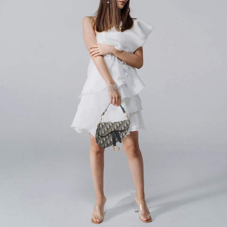 Pre Owned Dior Navy Blue Oblique Canvas and Leather Mini Saddle Bag