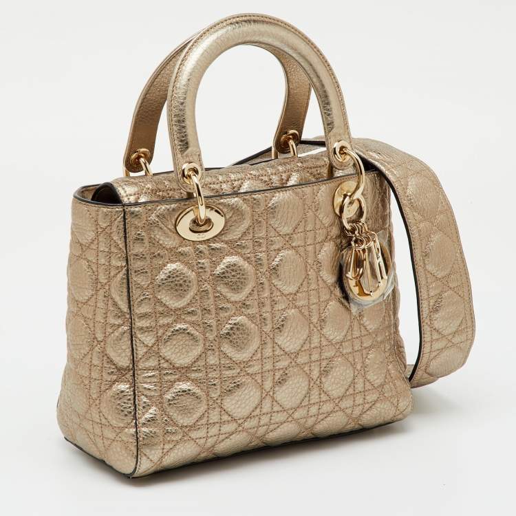 Pre Owned Dior Metallic Gold Cannage Soft Leather Medium Lady Dior Tote