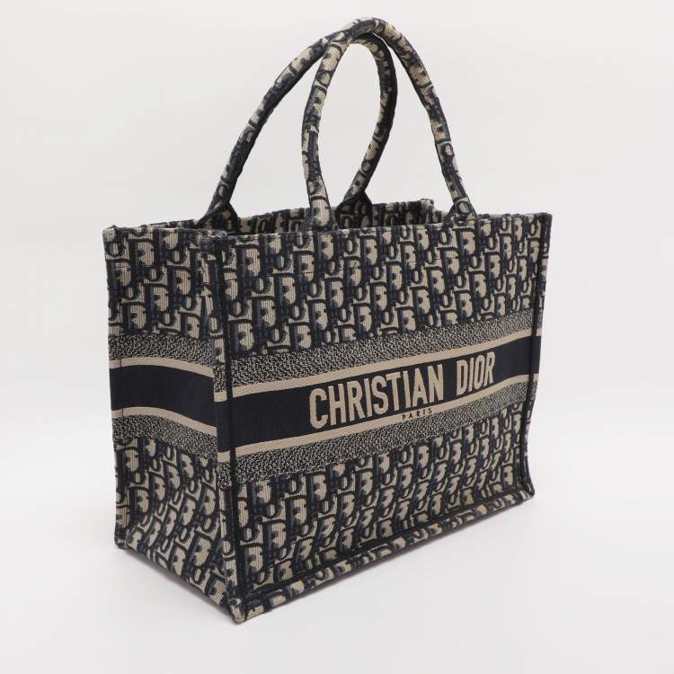Pre Owned Dior Navy Blue Oblique Embroidered Canvas Medium Book Tote