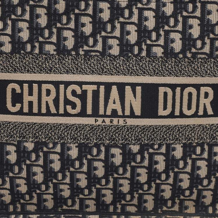 Pre Owned Dior Navy Blue Oblique Embroidered Canvas Medium Book Tote