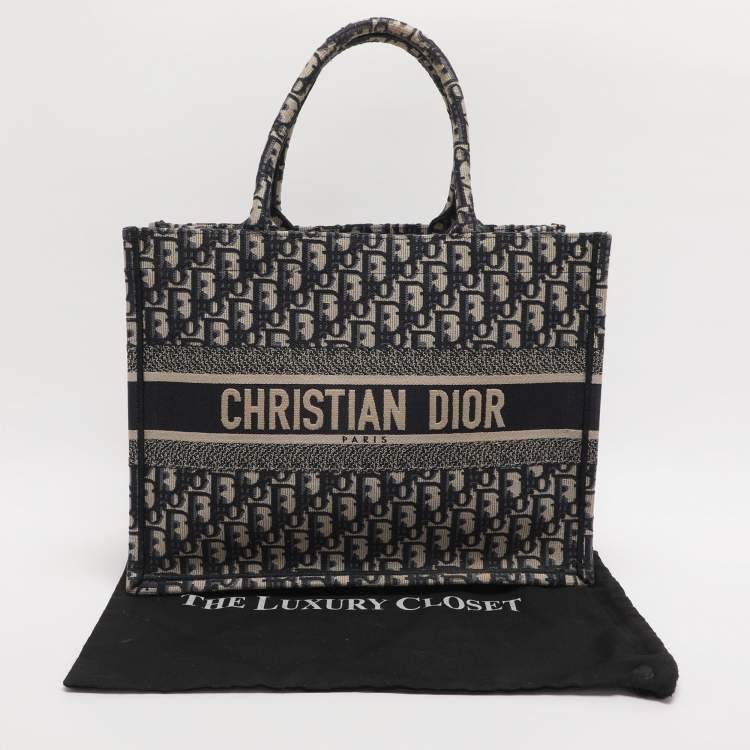 Pre Owned Dior Navy Blue Oblique Embroidered Canvas Medium Book Tote