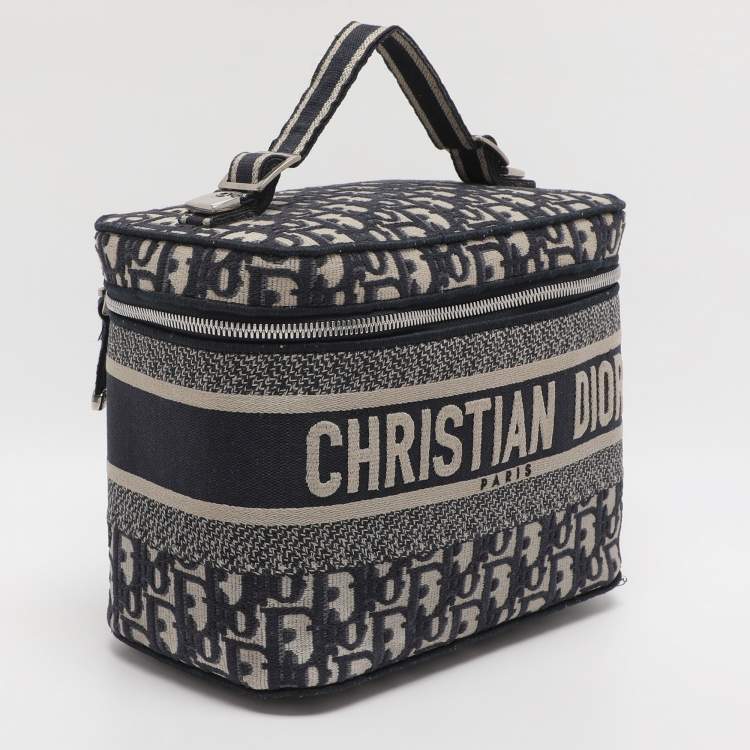 Pre Owned Dior Blue Oblique Canvas Travel Vanity Case Top Handle Bag