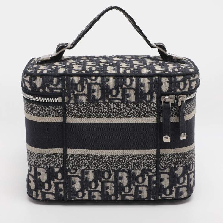 Pre Owned Dior Blue Oblique Canvas Travel Vanity Case Top Handle Bag