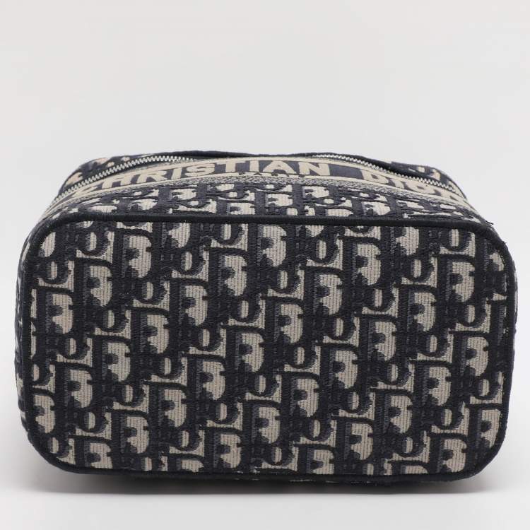 Pre Owned Dior Blue Oblique Canvas Travel Vanity Case Top Handle Bag