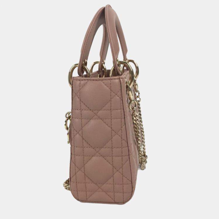 Pre Owned Christian Dior Dior Lady Mini Cannage Chain Shoulder Bag Lambskin Pink Beige