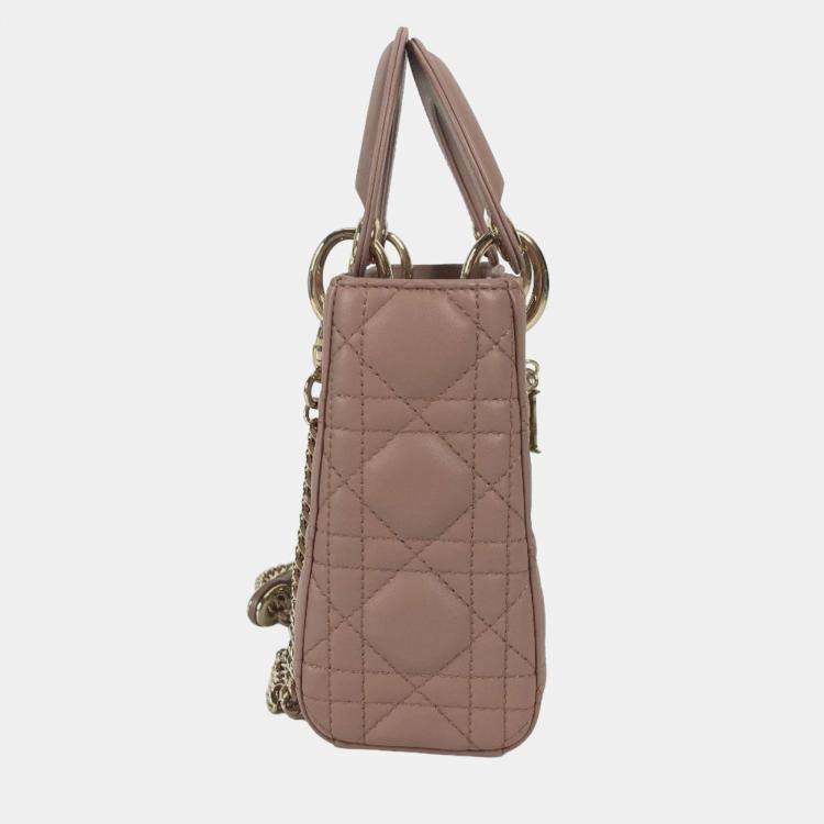 Pre Owned Christian Dior Dior Lady Mini Cannage Chain Shoulder Bag Lambskin Pink Beige