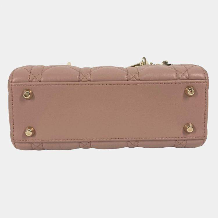 Pre Owned Christian Dior Dior Lady Mini Cannage Chain Shoulder Bag Lambskin Pink Beige