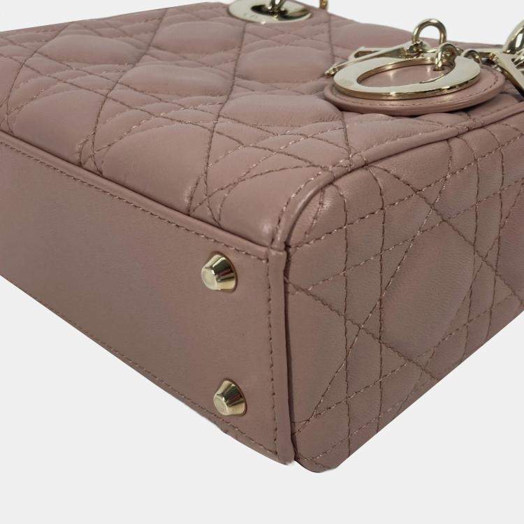Pre Owned Christian Dior Dior Lady Mini Cannage Chain Shoulder Bag Lambskin Pink Beige