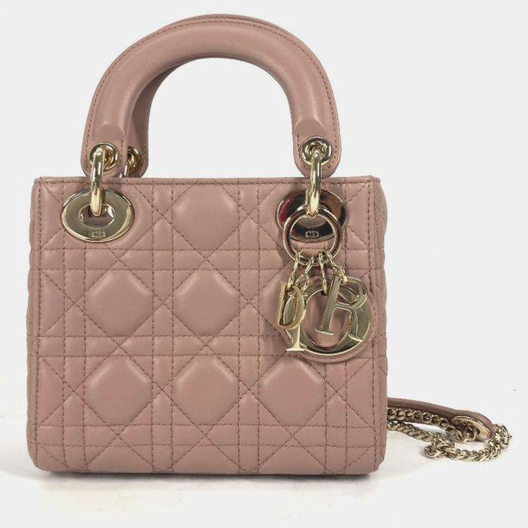 Pre Owned Christian Dior Dior Lady Mini Cannage Chain Shoulder Bag Lambskin Pink Beige