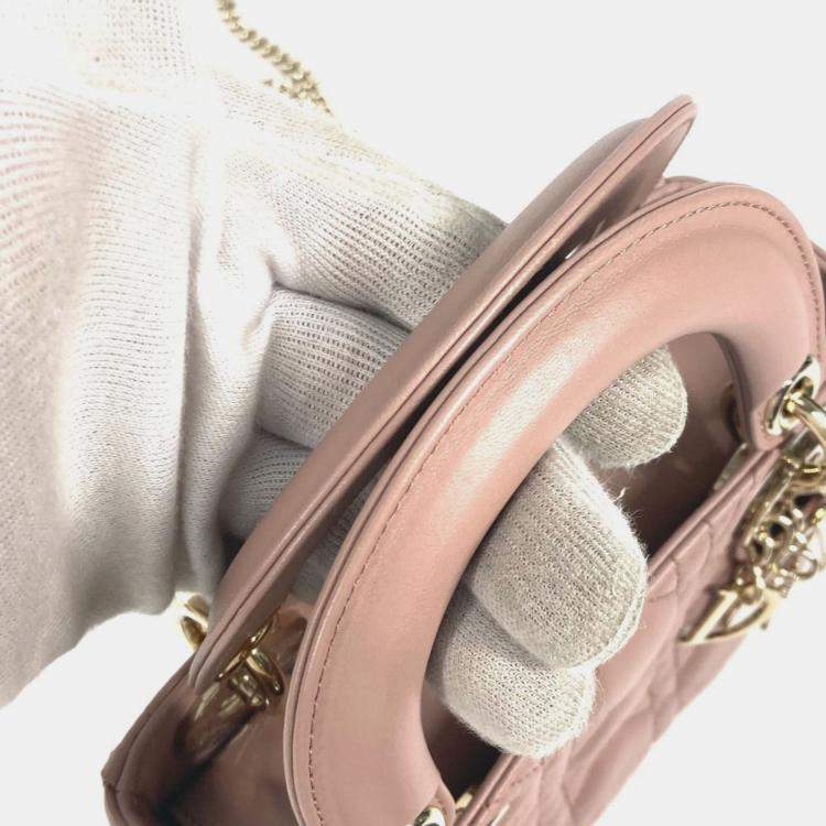 Pre Owned Christian Dior Dior Lady Mini Cannage Chain Shoulder Bag Lambskin Pink Beige