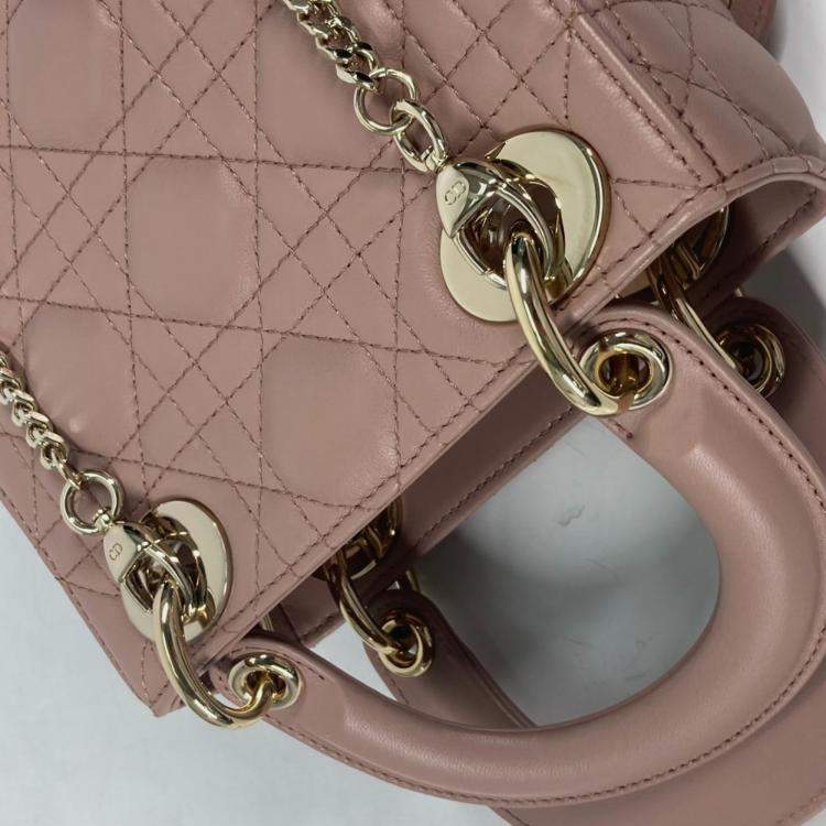 Pre Owned Christian Dior Dior Lady Mini Cannage Chain Shoulder Bag Lambskin Pink Beige