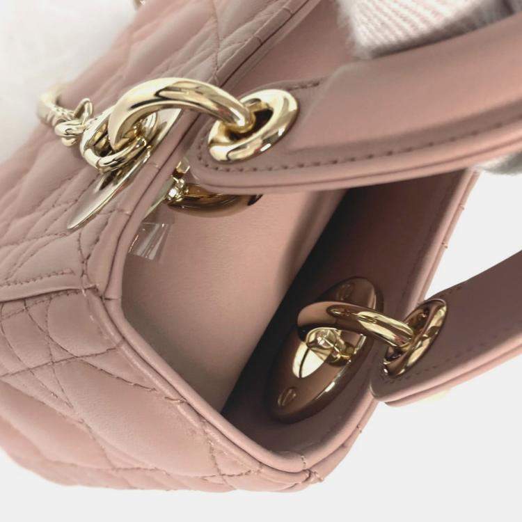 Pre Owned Christian Dior Dior Lady Mini Cannage Chain Shoulder Bag Lambskin Pink Beige