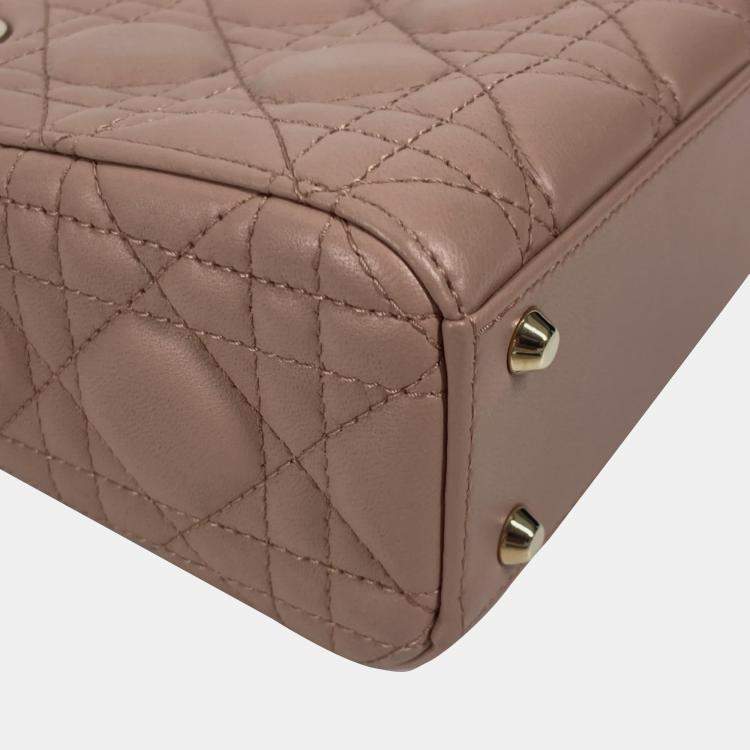 Pre Owned Christian Dior Dior Lady Mini Cannage Chain Shoulder Bag Lambskin Pink Beige