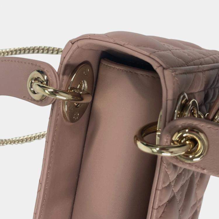 Pre Owned Christian Dior Dior Lady Mini Cannage Chain Shoulder Bag Lambskin Pink Beige