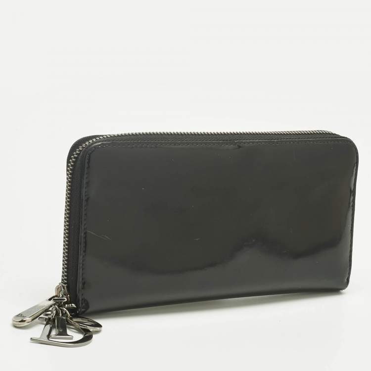 Pre Owned Dior Black Glossy Leather Lady Dior Zip Continental Wallet