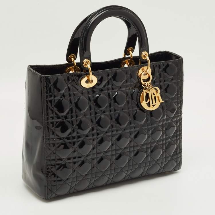 Pre Owned Dior Black Cannage Patent Leather Large Lady Dior Tote